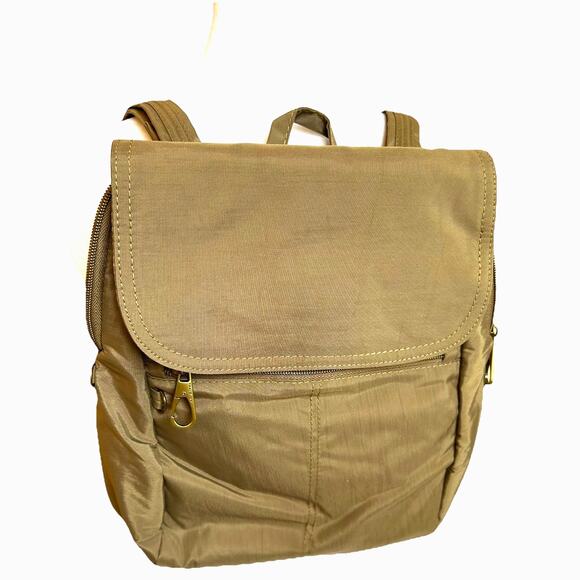 Travelon Anti-Theft Signature Slim Travel Backpack Purse Nylon Tan Brown Pink - Picture 1 of 11